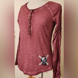 Harley Davidson Ladies Embroidered Skull & Wings Jolly Roger Dusty Rose & Teal